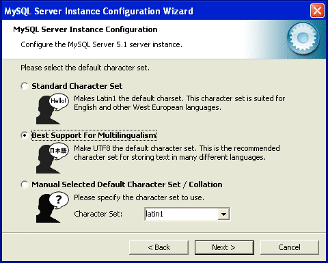 Installing MySQL Character Set Selection Pic