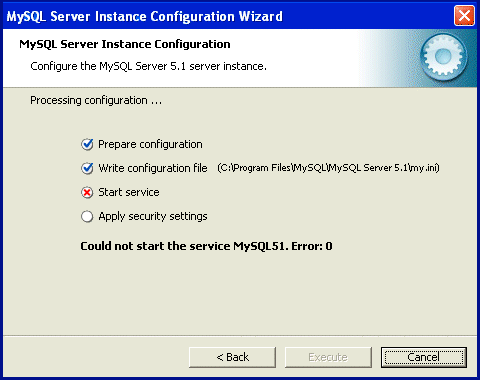 Installing MySQL MySQL51. Error: 0 Pic